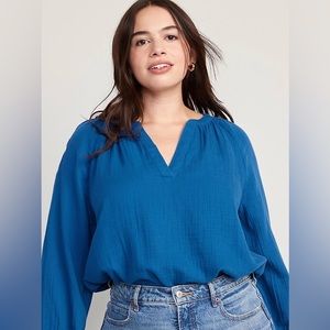 Old Navy Blue Split Neck Blouse 100% Cotton